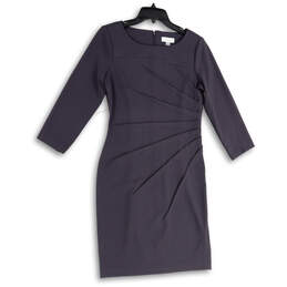 Womens Gray Pleated Boat Neck Long Sleeve Back Zip Sheath Dress Size 8