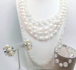 Vintage Icy Aurora Borealis & Faux Pearl Clip-On Earrings Necklaces & Bracelet 169.9g