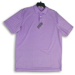 NWT Peter Millar Mens Purple Black Striped Spread Collar Polo Shirt Size Large