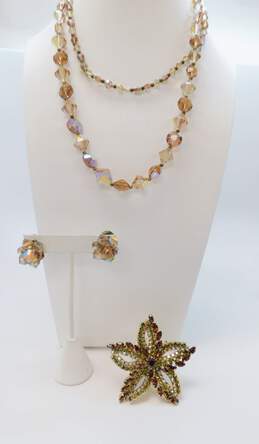 Vintage Dark Aurora Borealis Crystal Necklace & Clip On Earrings w/ Icy Rhinestone Floral Brooch 110.2g