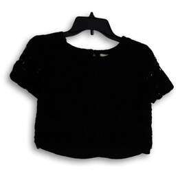 Womens Black Lace Round Neck Short Sleeve Cropped Blouse Top Size 2