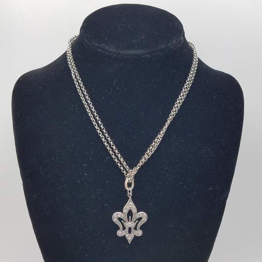 Sterling Silver Crystal Fleur De Lis Pendant Rolo Chain Double Strand Necklace 16 1/2 Inch 12.6g image number 1
