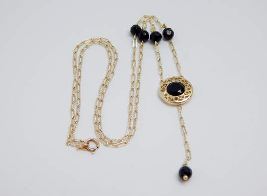 14K Yellow Gold Black Glass Faceted Pendant Bead Station Lariat Necklace 2.7g image number 3