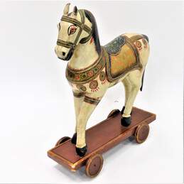 Vintage Carved Wood Painted Horse Pull Toy Rocker Platform w/ Wheels 17 Inch