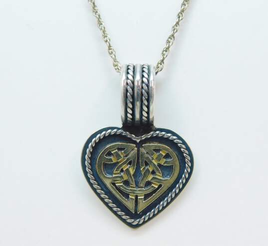 Romantic 925 & 14K Gold Accented Celtic Knot Overlay Heart Pendant Necklace Onyx Drop Post Earrings & Garnet Charm Bar Toggle Bracelet 15.8g image number 2
