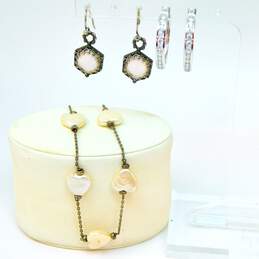 Romantic 925 Heart Coin Pearls Station Necklace & Rose Quartz & CZ Hoop Earrings