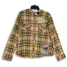 NWT Womens Multicolor Plaid Long Sleeve Hooded Button-Up Shirt Size L