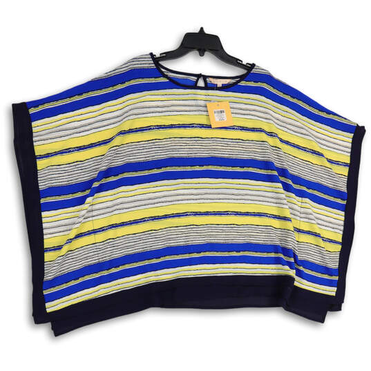 NWT Womens Blue Yellow Round Neck Striped Poncho Blouse Top Size L/XL image number 1
