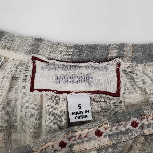 Johnny Was Angelique Peasant Gray Embroidered Plaid Blouse Size S image number 4