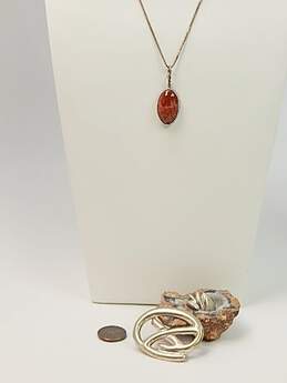 Taxco 925 Abstract Brooch & Chunky Ring w/ Agate Pendant Necklace 24.4g alternative image