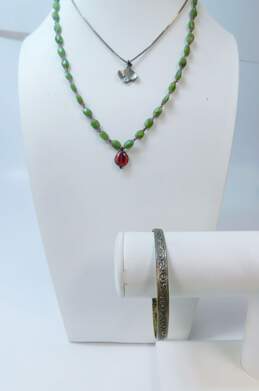 Danecraft & Artisan 925 Ginkgo Leaf & Glass Pendant Zoisite & Garnet Beaded Necklaces & Repousse Floral Bangle Bracelet 31g