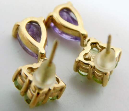 14K Gold Peridot & Amethyst Floral Drop Earrings 2.8g image number 2