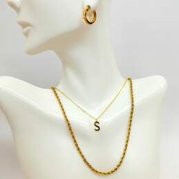 925 Vermeil Danecraft Rope Chain Necklace & Fashion S Initial Pendant Necklace With CZ Huggie Hoop Earrings 10.1g
