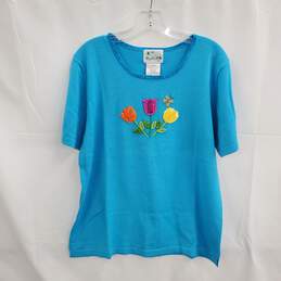 The Quacker Factory Short Sleeve Flower Design Pullover Shirt NWT Size L