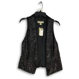 NWT Womens Black Sequin Welt Pocket Sleeveless Open Front Vest Size Small