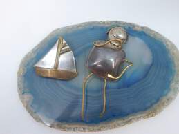 Taxco Sterling Silver & Brass Figural Person & Sailboat Pendant Brooches 27.0g