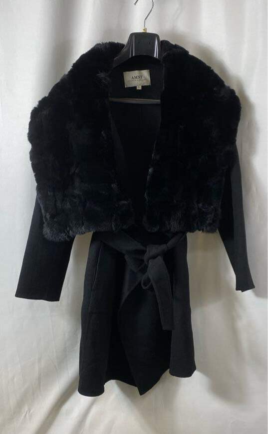 Amnt Womens Black Fur Long Sleeve Belted Waist Jacket Size X-Large image number 1