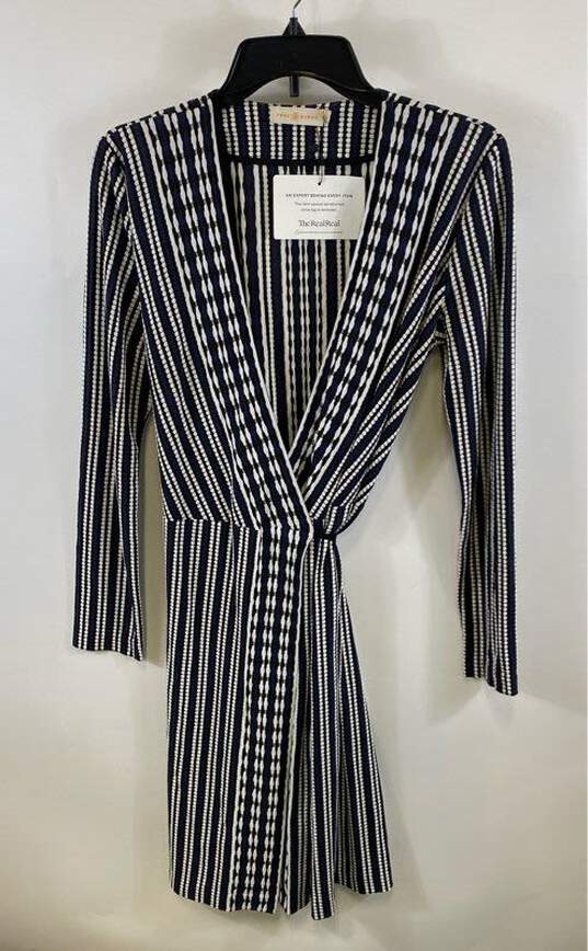 NWT Tory Burch Womens Blue White Striped Surplice Neck Wrap Dress Size Small image number 1