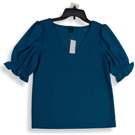 NWT Ann Taylor Womens Blue V-Neck Puff Sleeve Pullover Blouse Top Size S image number 1