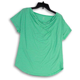 Womens Green White Striped Round Neck Short Sleeve Pullover T-Shirt Size S