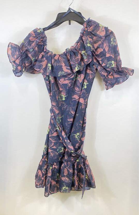 NWT Ted Baker Womens Multicolor Floral Asymmetric Sleeve Ruffle Mini Dress Sz 1 image number 1