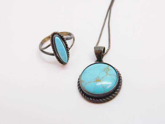 ATI & Artisan 925 Faux Turquoise Cabochon Circle Pendant Necklace & Turquoise Pointed Split Shank Ring 8g image number 6