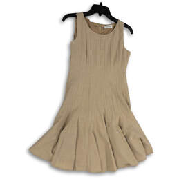 Womens Beige Pleated Round Neck Sleeveless Back Zip A-Line Dress Size 4P