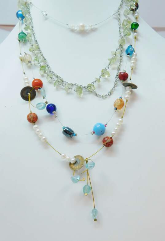 Artisan 925 & Vermeil Peridot Chips Aqua Coral Hematite Pearl & Art Glass Beaded Necklaces Variety 33.8g image number 1