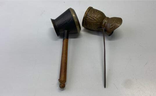 Vintage Turkish Coffee Pots Set of 2 Brass/ Metal Hammered Long Handle Pots image number 6