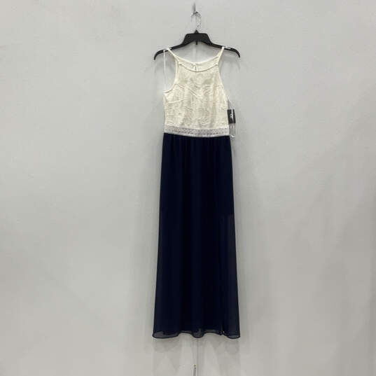 NWT Womens Blue White Sleeveless Lace Round Neck Long Maxi Dress Size Large image number 1