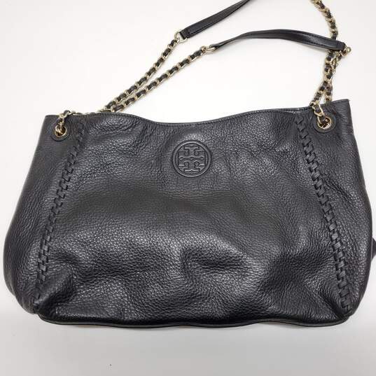 Tory Burch Marion Chain Slouch Black Leather Tote Shoulder Bag image number 2