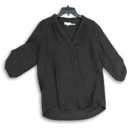 Womens Black V-Neck Roll Tab Sleeve Pullover Blouse Top Size Large