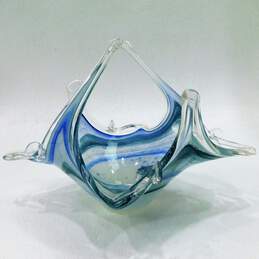 VTG Murano Hand Blown Art Glass Basket Blue Green Design Lavorazione Centerpiece