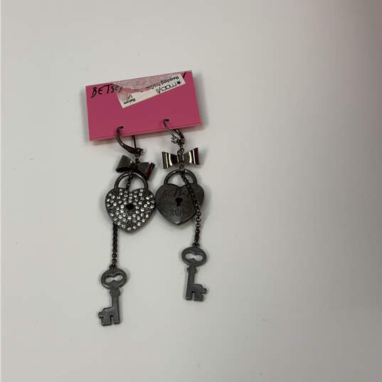 Designer Betsey Johnson Silver-Tone Heart Lock Bow Key Dangle Earrings image number 2