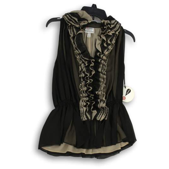 NWT Robert Rodriguez Womens Blouse Top Shirt Sleeveless Ruffled Black Beige Sz S image number 1