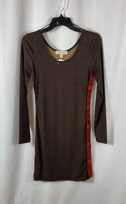 NWT Michael Kors Womens Brown Monogram Long Sleeve Mini Dress Size Small