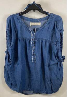We The Free Womens Blue Short Sleeve Denim Henley Neck Blouse Top Size Small