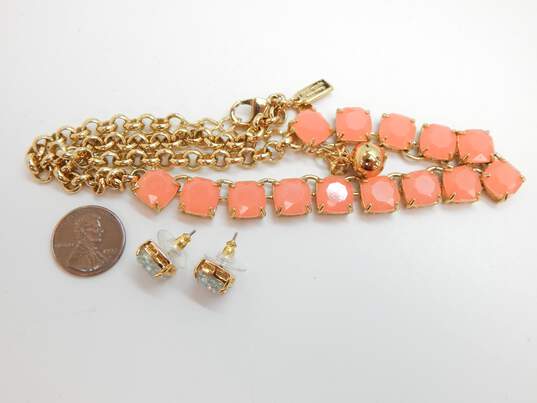 Kate Spade Orange Gold Tone Necklace & Glitter Post Earrings 43.1g image number 7