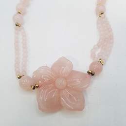 Gold Tone Beads Rose Quartz Knotted Strand Carved Flower Pendant 30 In Necklace 116.4g alternative image