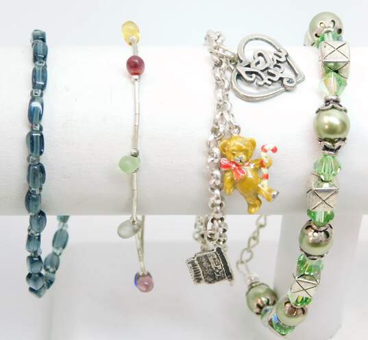 Artisan 925 Colorful Glass & Green Crystal & Faux Pearl Beaded & Bear Heart Cake & Claddagh Charms Bracelets Variety 41.5g image number 1