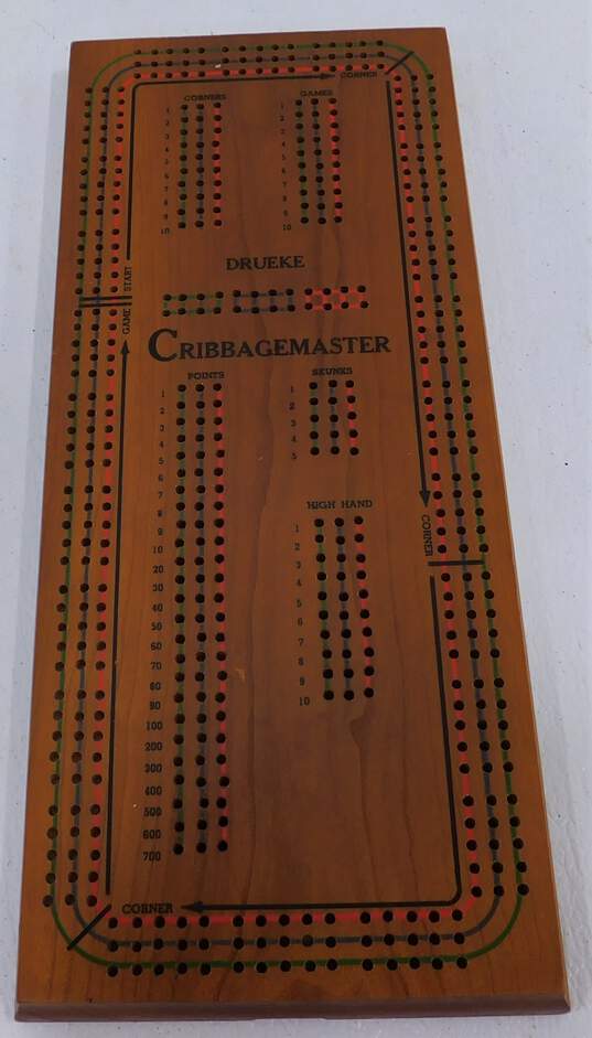Vintage Drueke Cribbagemaster No. 1950 Wood Cribbage Board Game Once A Round IOB image number 1