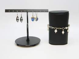 Artisan 925 Moonstone Drop Earrings & Labradorite Pearl & Smoky Quartz Bracelet