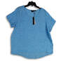 NWT Womens Blue Chambray Round Neck Short Sleeve Pullover Blouse Top Sz 1X image number 1