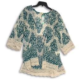 NWT Mason & Belle Womens Laria White Green 3/4 Sleeve Crochet Trim Kimono Size M