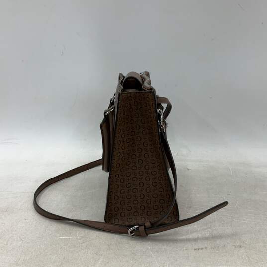 Guess Womens Brown Leather Signature Print Zipper Pockets Satchel Bag Purse image number 2