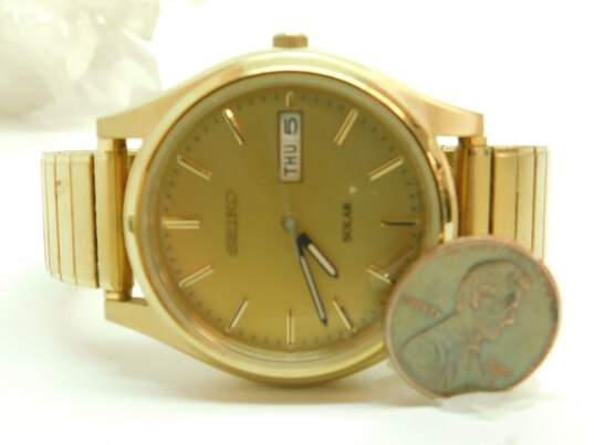 Vintage Seiko Solar Gold Tone Day Date Men's Dress Watch 65.9g image number 3