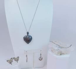 Boma & Romantic 925 Etched Filigree Puffed Heart Locket Pendant Necklace Spun Butterfly & Oval Drop Earrings & Twisted Curb Chain Anklet 20.7g
