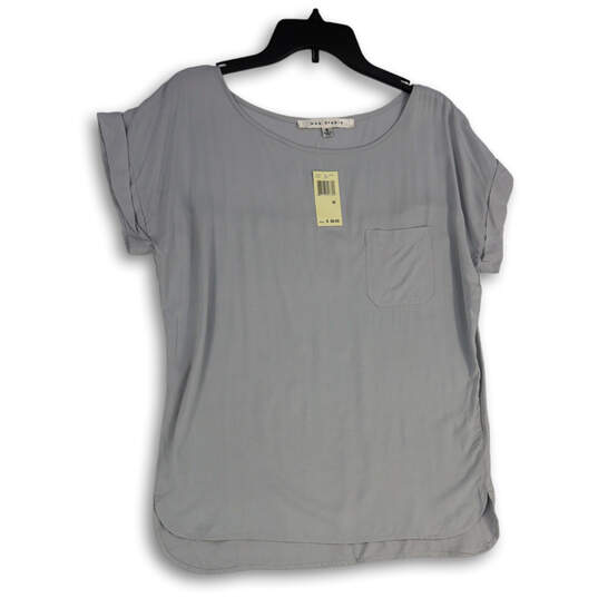NWT Womens Gray Round Neck Short Sleeve Side Slit Pullover Blouse Top Sz M image number 1