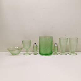 Set of 7 Assorted Vintage Green Depression Glass Dishes