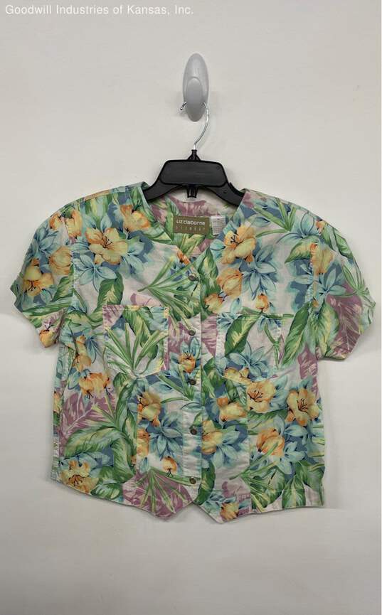 Liz Claiborne Multicolor Floral Print Button Down Short Sleeve Blouse - Size M image number 1